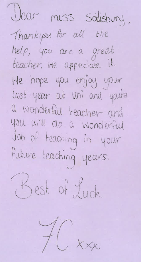 Thankyou card from year 7 students